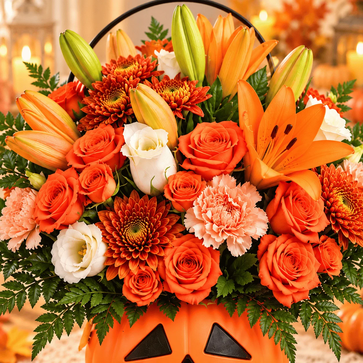 Beautiful side view of Autumn Glow Halloween Lily & Rose Pumpkin Basket showcasing fresh flowers and charming Halloween decorations.
