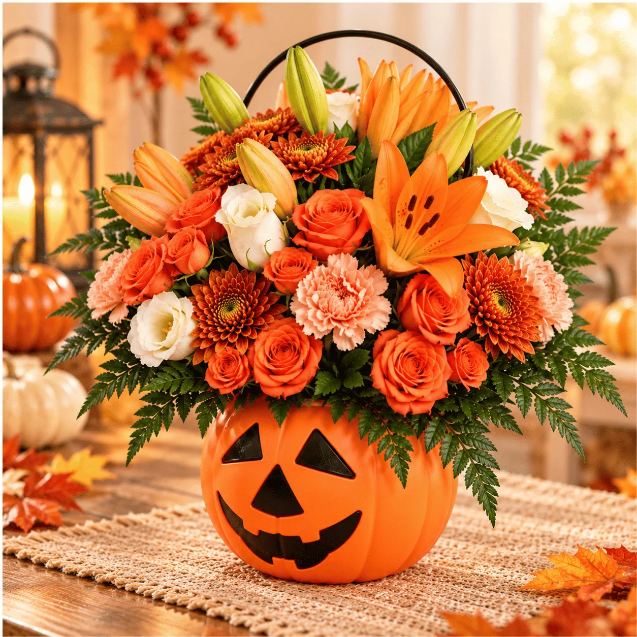 Close-up of fresh lilies and roses in the Autumn Glow Halloween Pumpkin Basket, highlighting delicate petals and seasonal floral details.