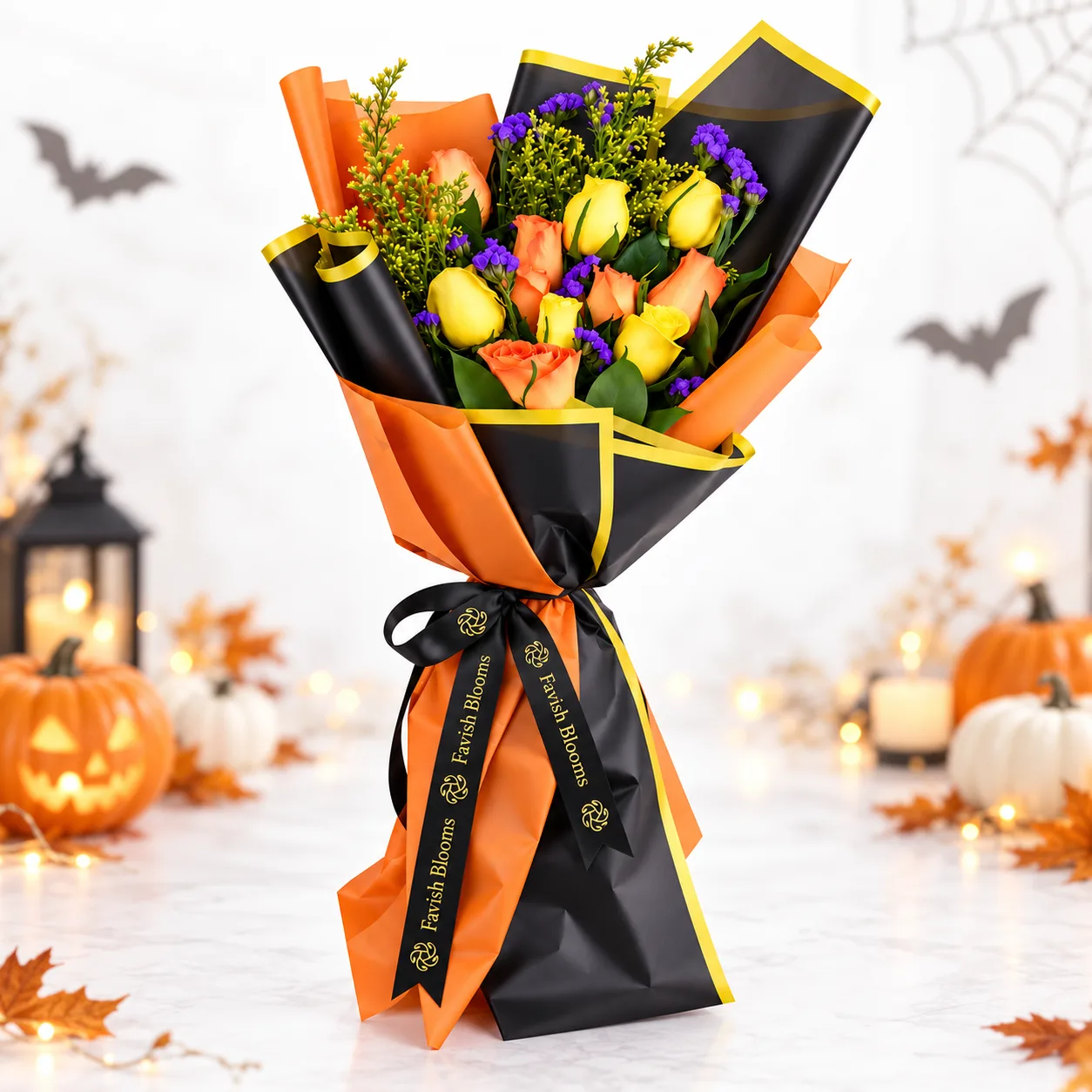 Halloween Magic Orange & Yellow Roses Bouquet featuring vibrant fresh roses, perfect for Halloween flower gifting in Dubai.