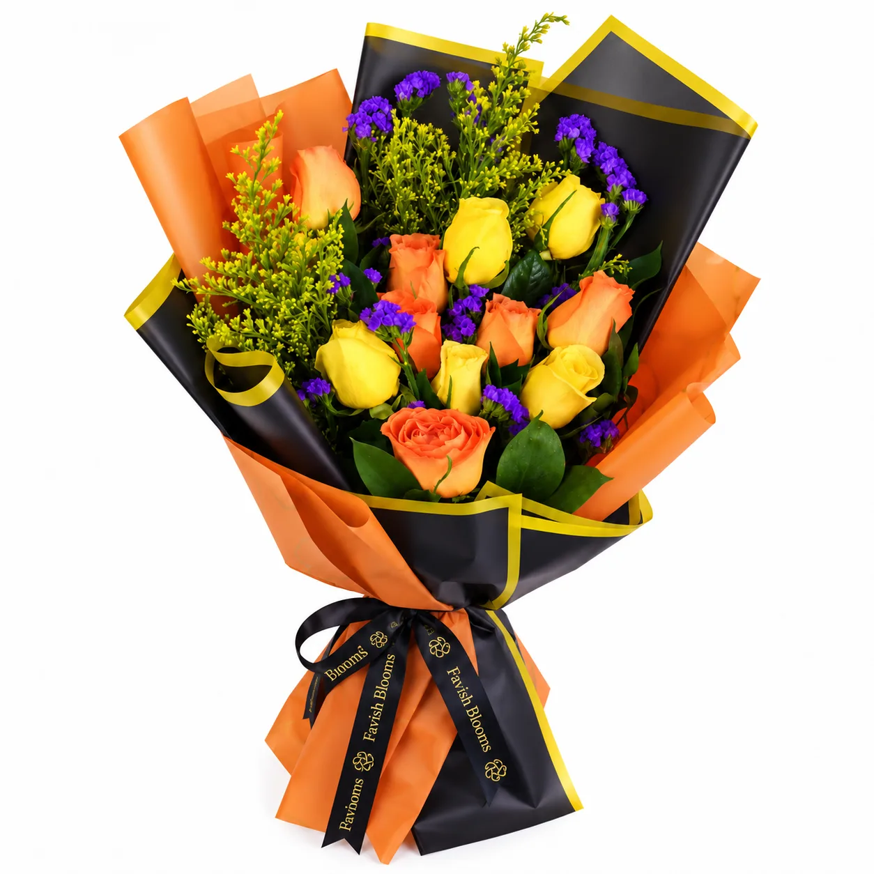 Close-up of Halloween Magic Orange & Yellow Roses Bouquet showcasing beautiful orange and yellow rose blooms with fresh greenery.