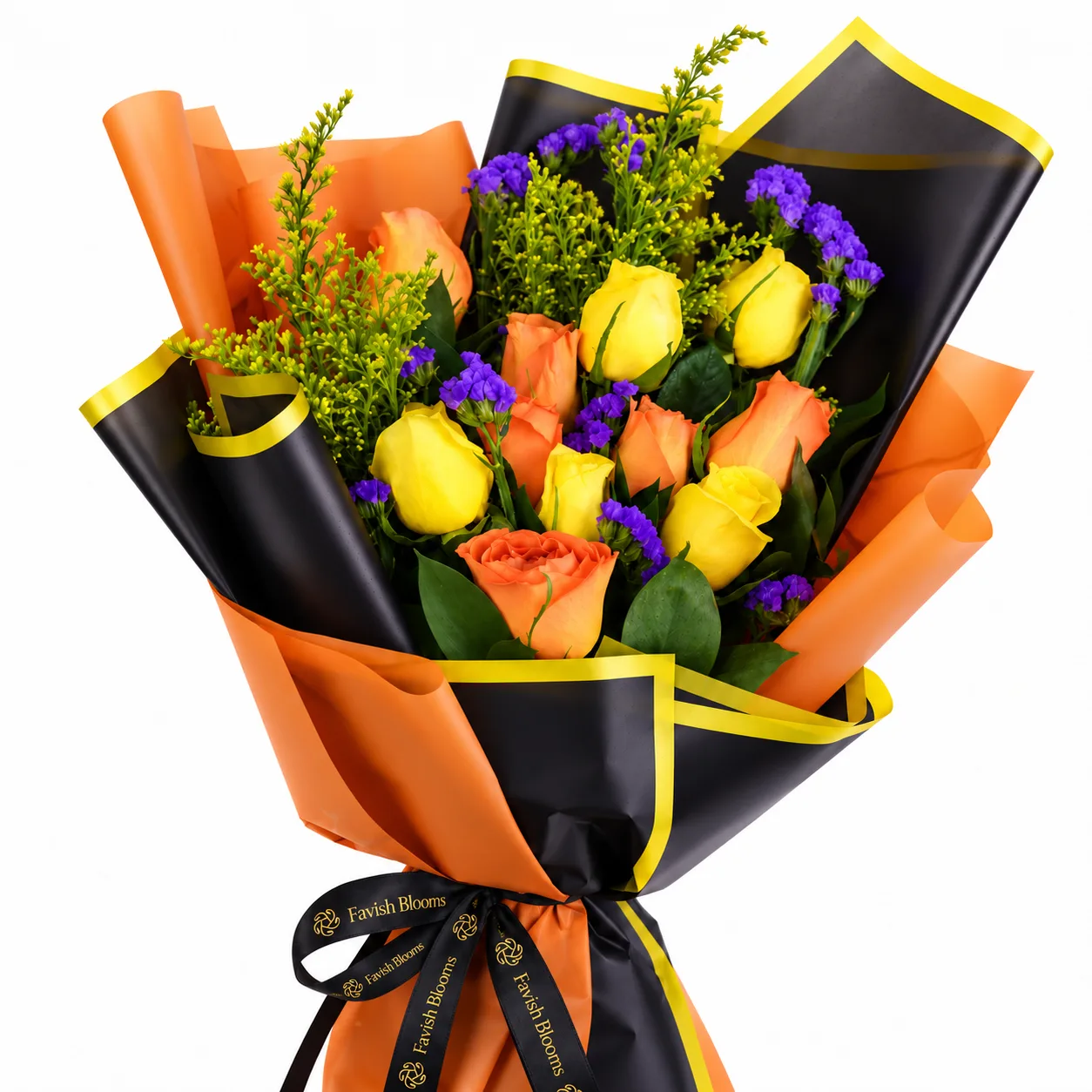 Side view of Halloween Magic Orange & Yellow Roses Bouquet featuring a stunning mix of orange and yellow roses for Halloween celebrations.            Is this conversation helpful so far?