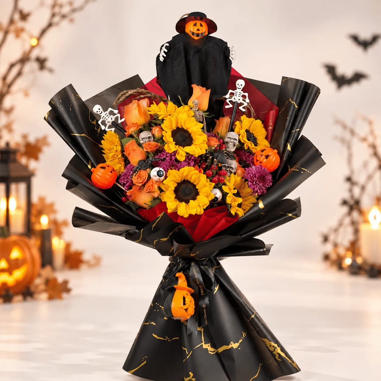 Pumpkin Magic Halloween Flower Bouquet featuring vibrant autumn-inspired flowers, perfect for Halloween gifting and decorations in Dubai.