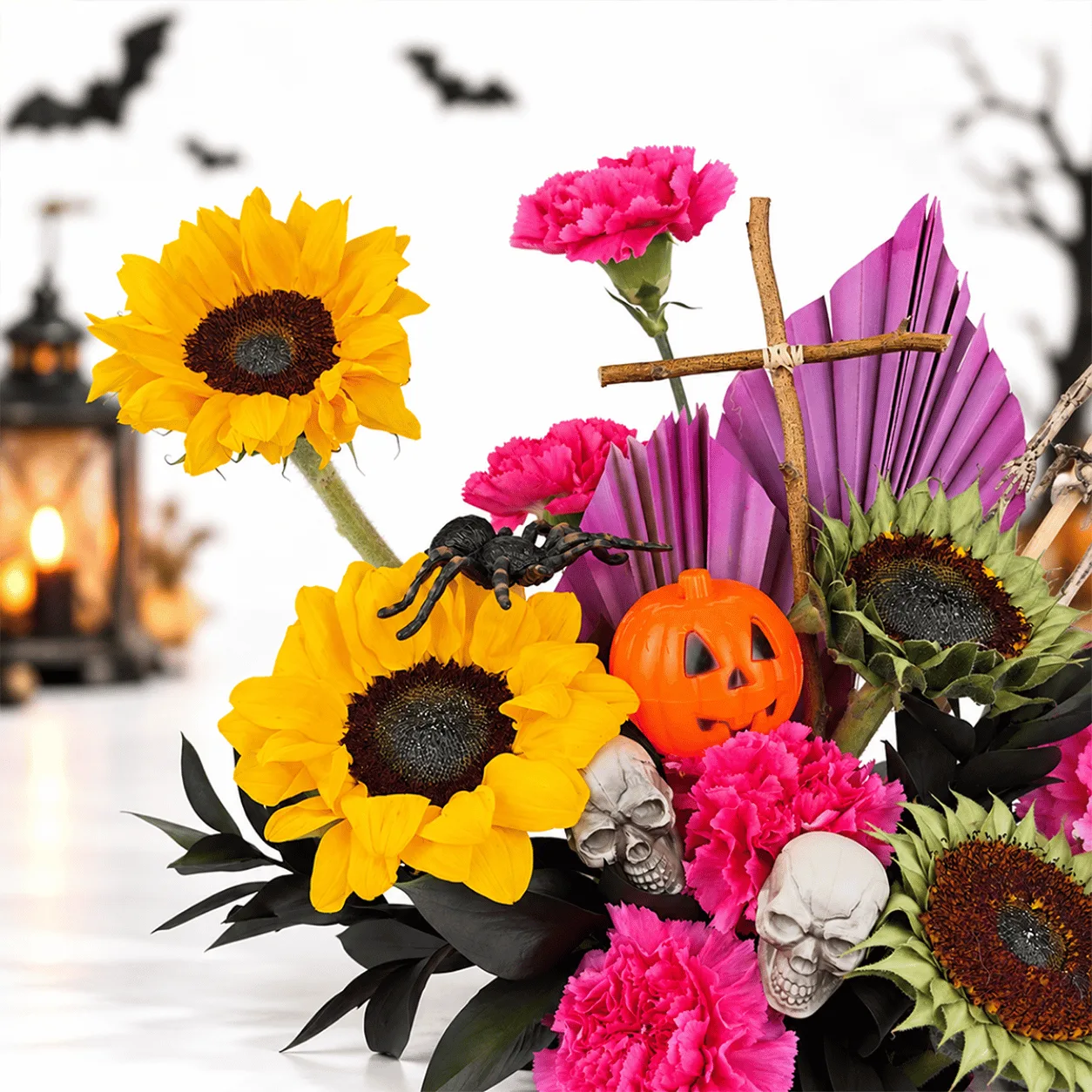 Pumpkin Magic Halloween Floral Arrangement displayed from another angle, featuring seasonal flowers and elegant Halloween-inspired details.