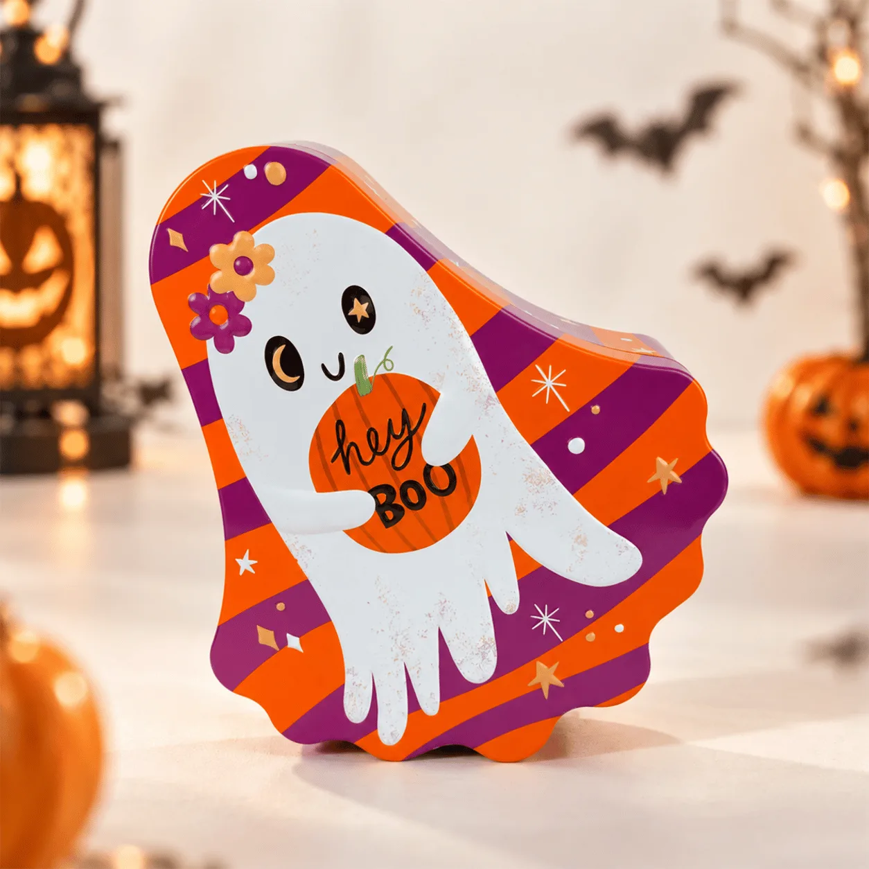 Side view of Hey Boo Halloween Candy Surprise Gift Box featuring Halloween-themed packaging and assorted candies.