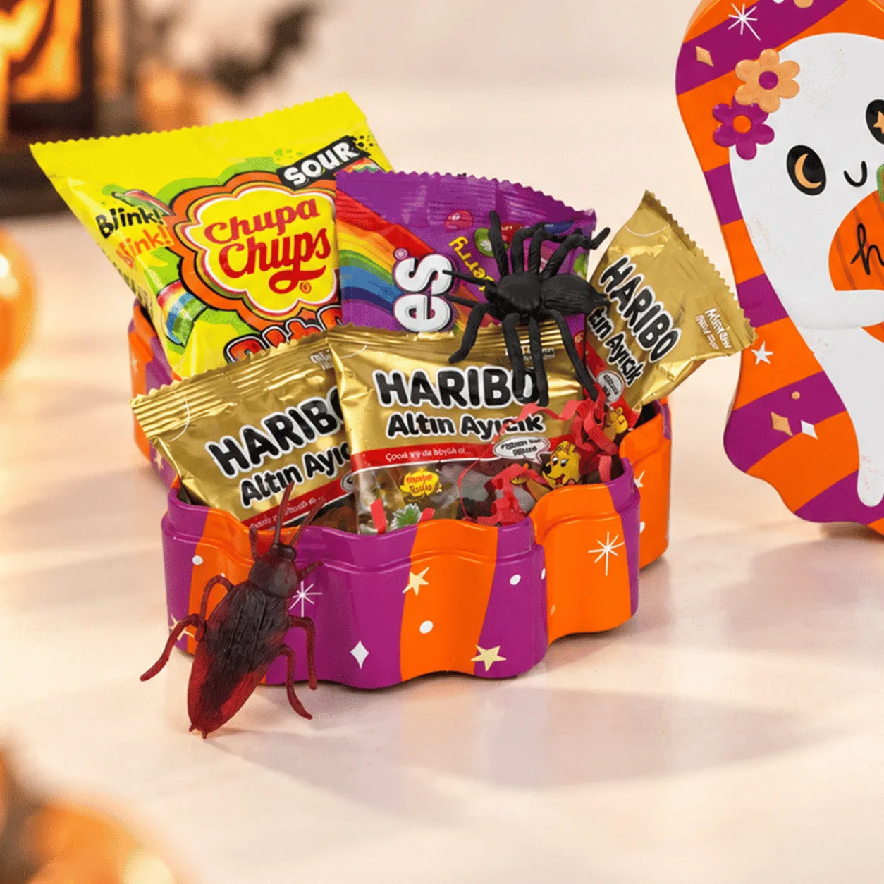 Hey Boo Halloween Candy Surprise Gift Box with assorted treats and spooky decorations, perfect for Halloween gifting in Dubai.
