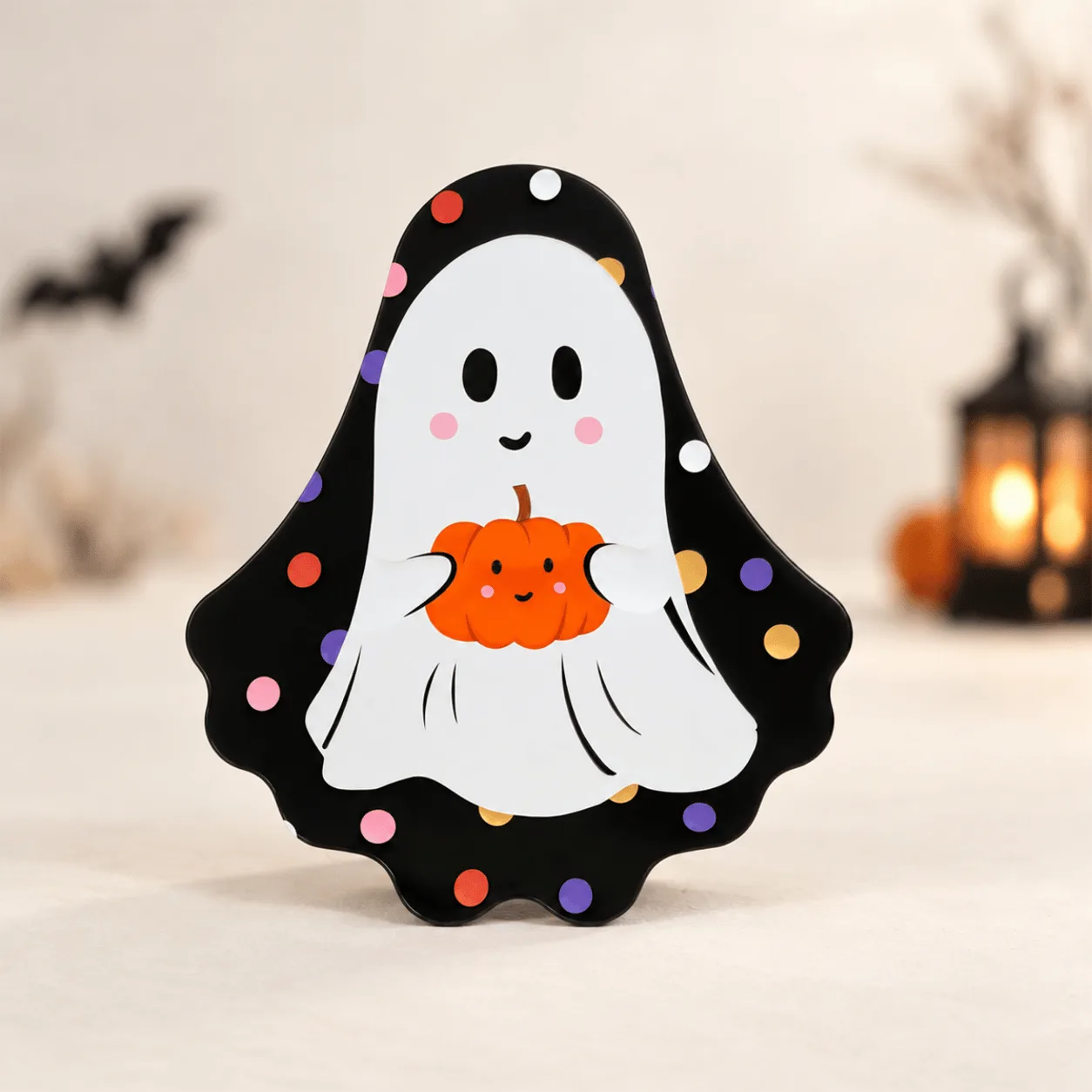 Close-up of Little Boo Halloween Candy Surprise Box showcasing assorted sweets, candies, and playful Halloween-themed details.