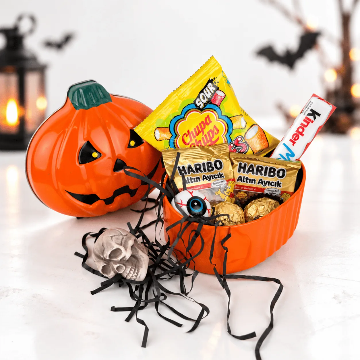 Sweet Frights Halloween Pumpkin Treat Box filled with festive candy and spooky treats, perfect for Halloween gifting in Dubai.