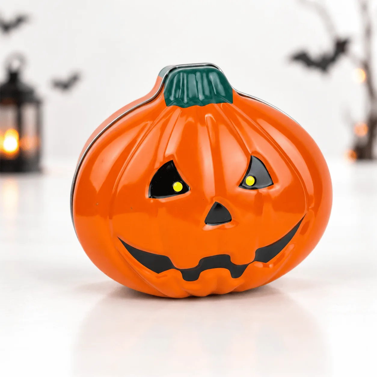Close-up of Sweet Frights Halloween Pumpkin Treat Box showcasing colorful Halloween sweets, candies, and spooky decorative details.