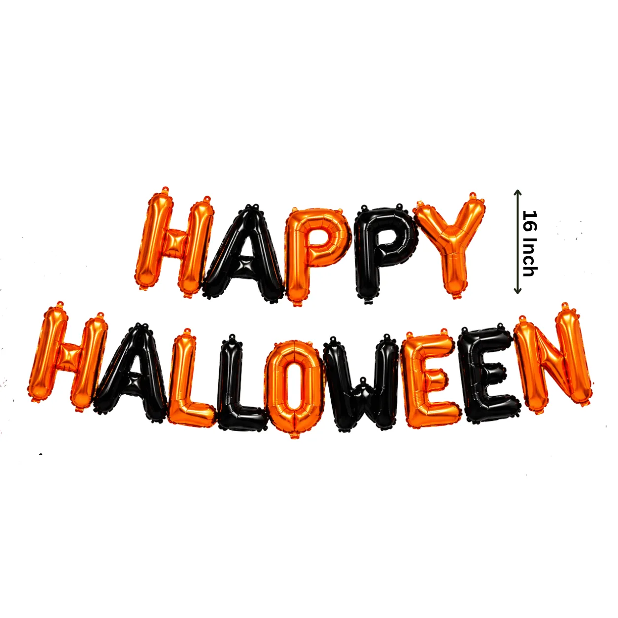 Orange and black Happy Halloween foil letter balloons displayed as a festive Halloween party decoration.