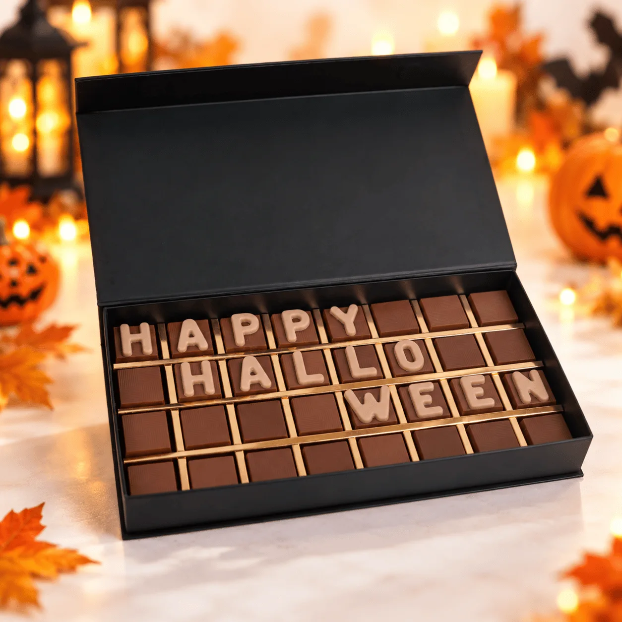 Happy Halloween Premium Chocolate Gift Box featuring assorted luxury chocolates in elegant Halloween-themed packaging in Dubai.