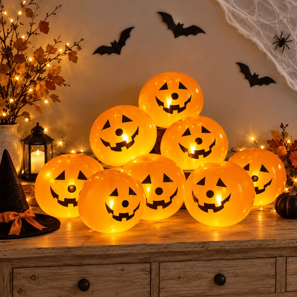 Side view of 5 Halloween LED Pumpkin Balloons showcasing their pumpkin shapes and illuminated festive design.