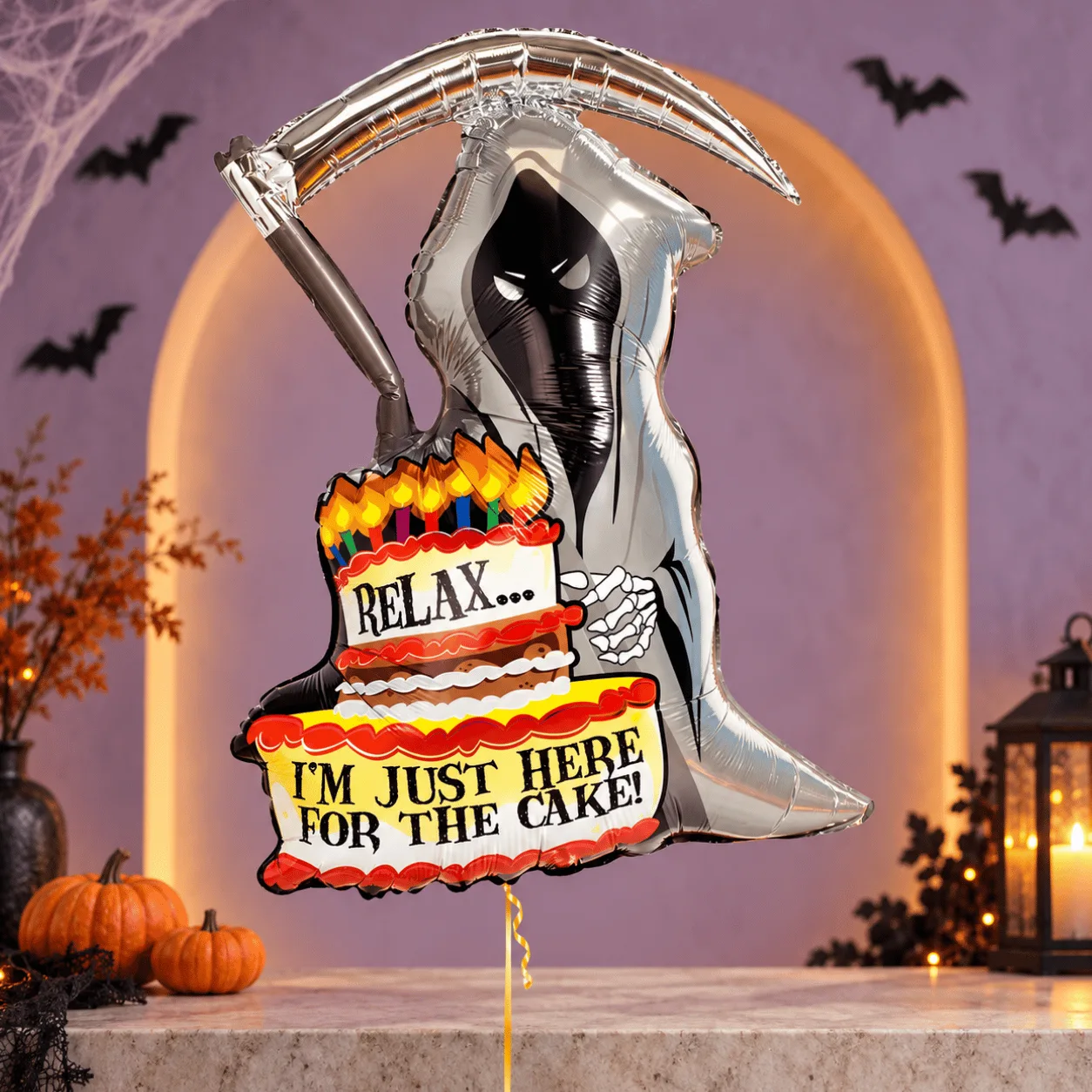 Spooky Grim Reaper and skull-shaped helium balloons arranged as a Halloween balloon decoration set in Dubai.