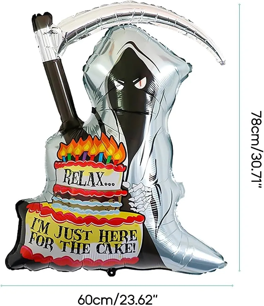Close-up of Spooky Grim Reaper & Skull Halloween Helium Balloon Set featuring scary Halloween-themed balloon designs.