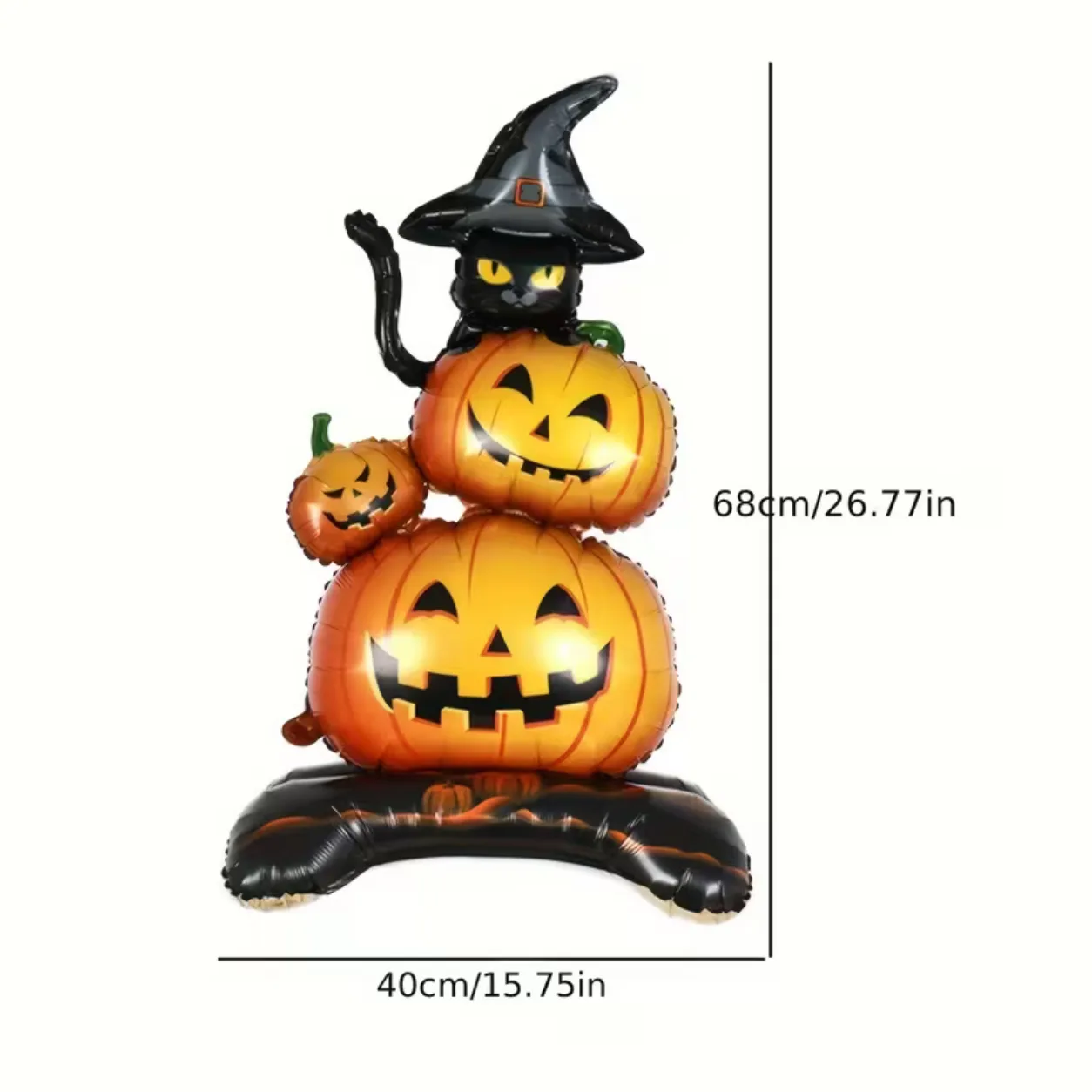 Close-up of Halloween Black Cat Foil Balloon Set of 3 featuring a black witch cat and smiling pumpkin faces.