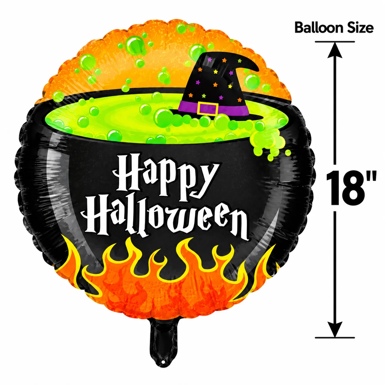 Close-up of Happy Halloween Witch Cauldron Foil Balloon Set of 3 showcasing festive Halloween designs and colorful foil details.