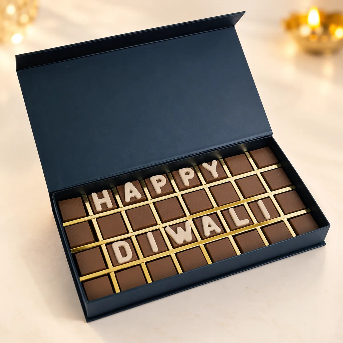 Happy Diwali Premium 32 Pc Chocolate Gift Box featuring assorted chocolates in an elegant festive gift box.