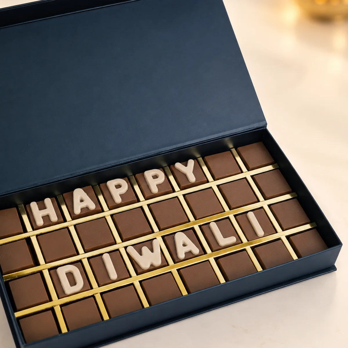 Luxury Happy Diwali 32-piece chocolate gift box, perfect for festive gifting in Dubai and UAE.