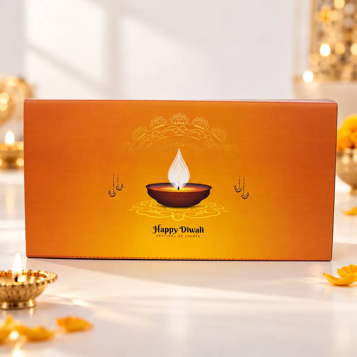 Detailed view of the Happy Diwali Chocolate Gift Box featuring 32 delicious chocolates for family and corporate gifting.