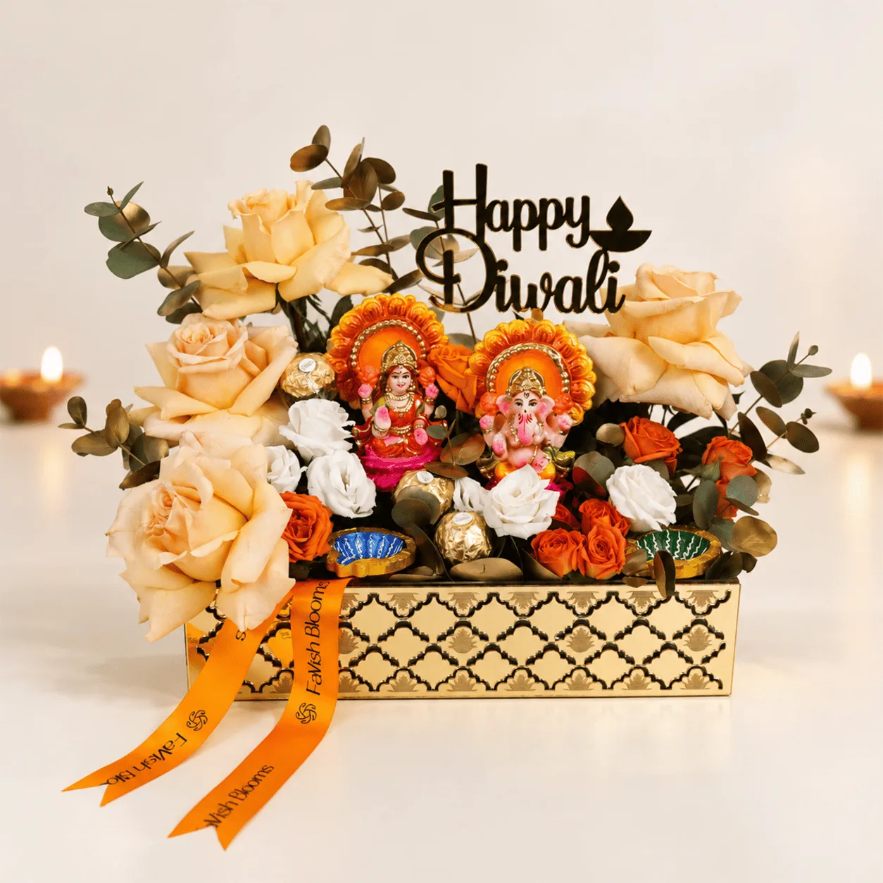 Divine Blessings Diwali Tray Arrangement, an elegant festive gift tray perfect for Diwali celebrations in Dubai.