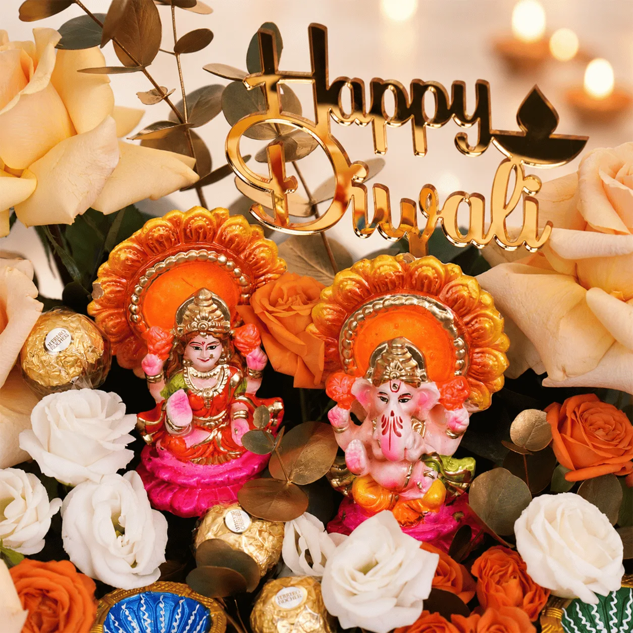 Close-up of Divine Blessings Diwali Tray Arrangement showcasing beautiful festive decorations and premium gifting details.