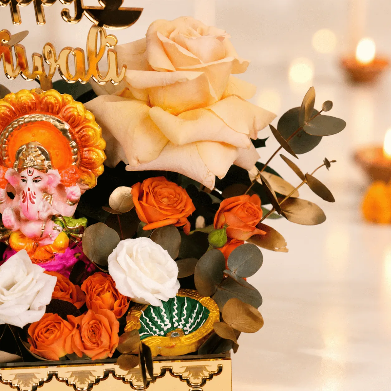 Side-angle view of Divine Blessings Diwali Tray Arrangement featuring an elegant presentation for Diwali gifting.