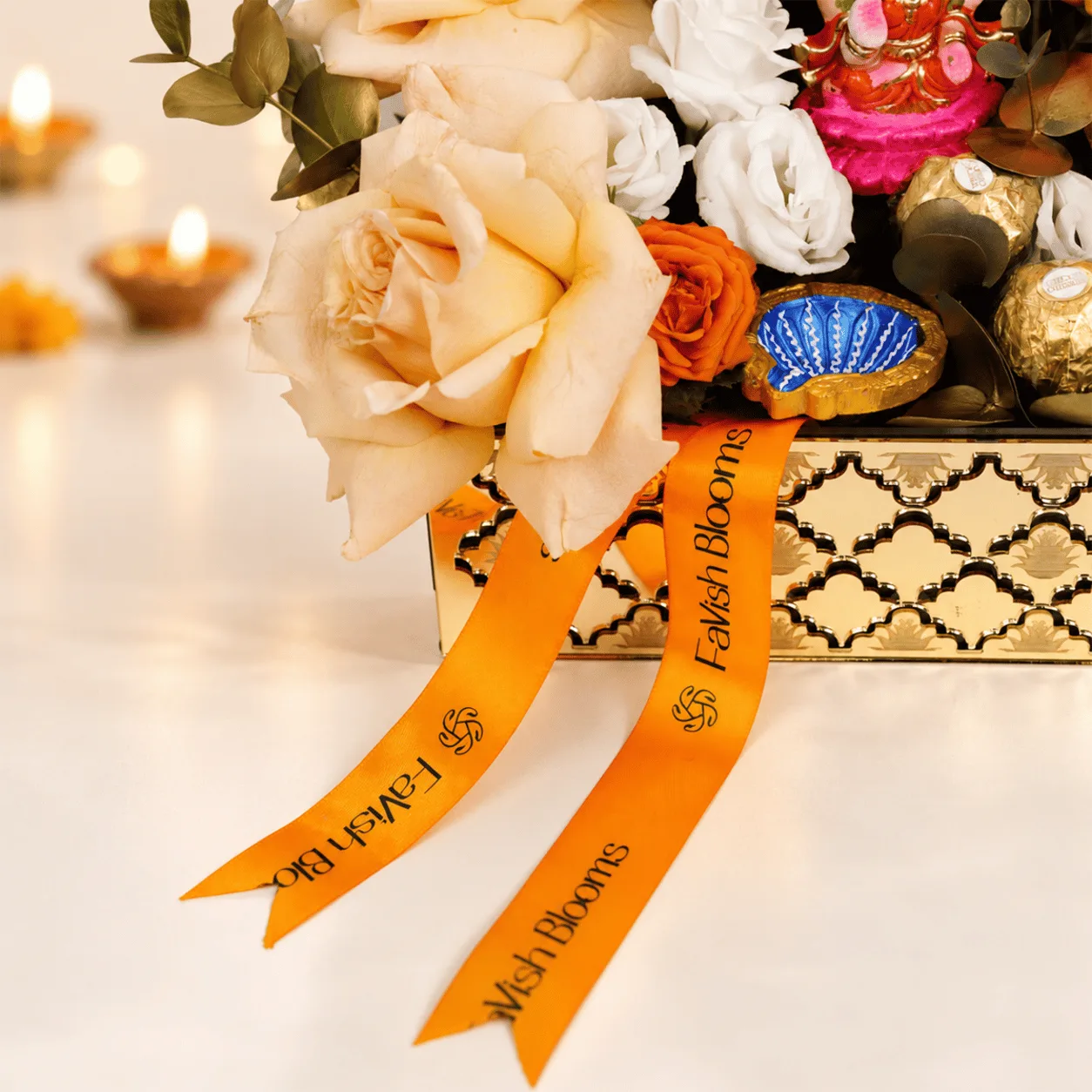 Divine Blessings Diwali Tray Arrangement with traditional festive accents, ideal for family, friends, and corporate Diwali gifts in Dubai.