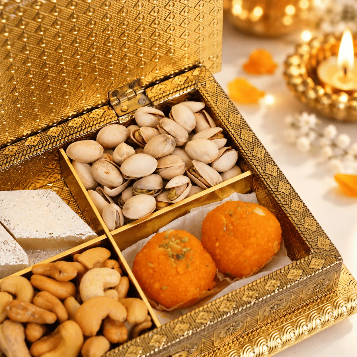 Close-up of Shahi Swarna Diwali Mithai & Dry Fruits Box featuring assorted traditional Indian sweets and premium dry fruits.