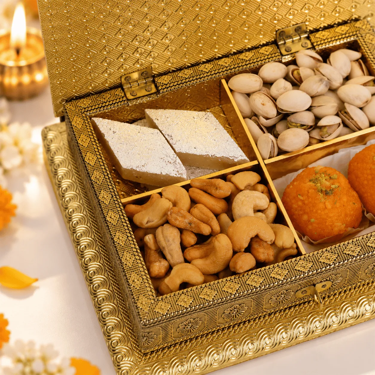 Shahi Swarna Diwali Mithai & Dry Fruits Box showcasing luxurious packaging and festive treats, ideal for Diwali gifting in Dubai.