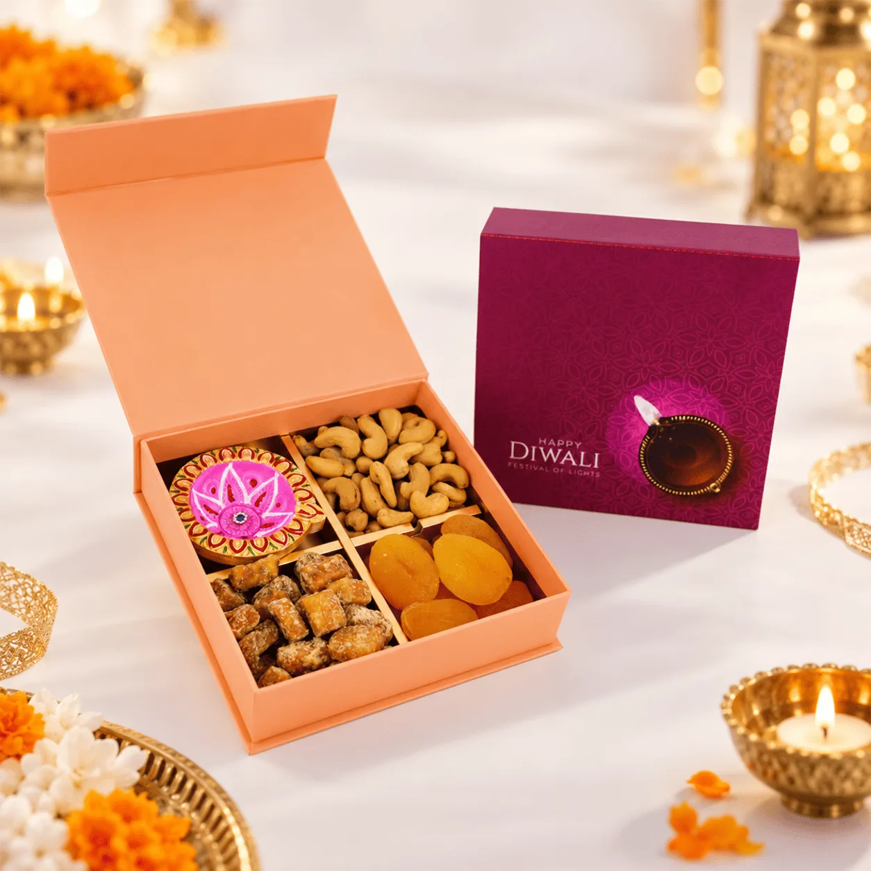 Diwali Dry Fruits & Diya Gift Box featuring premium assorted dry fruits and decorative festive diyas.