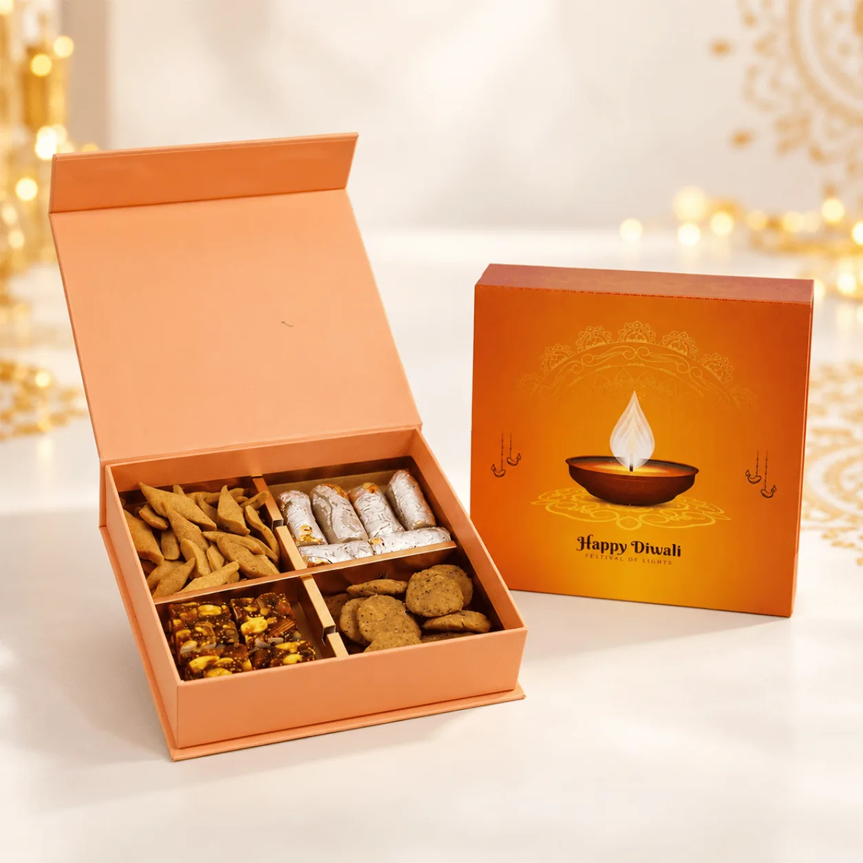 Diwali Sweets & Savoury Gift Box featuring festive treats in premium gift packaging by FaVish Blooms Dubai.