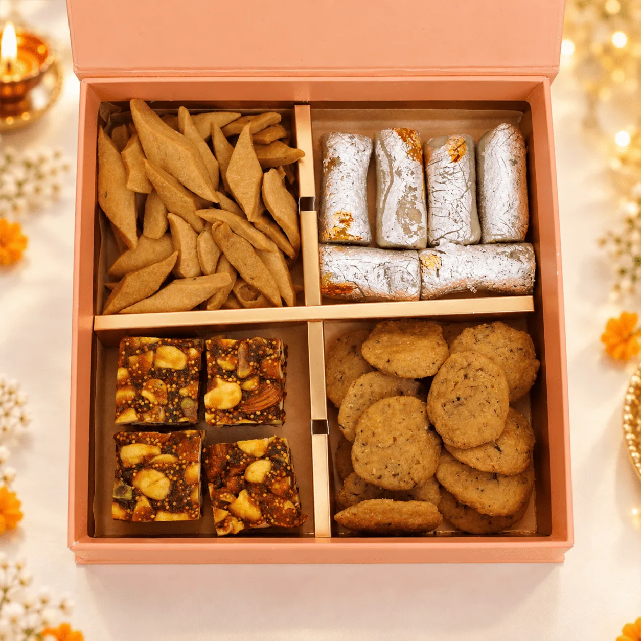Close-up of Diwali Sweets & Savoury Gift Box showcasing an assortment of traditional Indian sweets and savoury snacks.