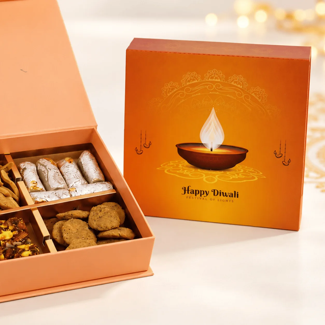 Detailed view of Diwali Sweets & Savoury Gift Box featuring assorted festive delicacies, perfect for sharing with family and friends.