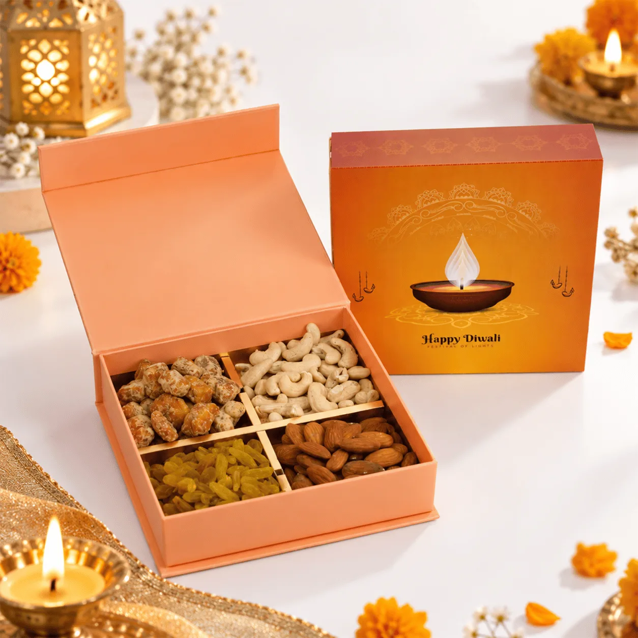 Treasure Diwali Dry Fruits Gift Box with premium assorted dry fruits in elegant festive packaging, perfect for Diwali gifting in Dubai.