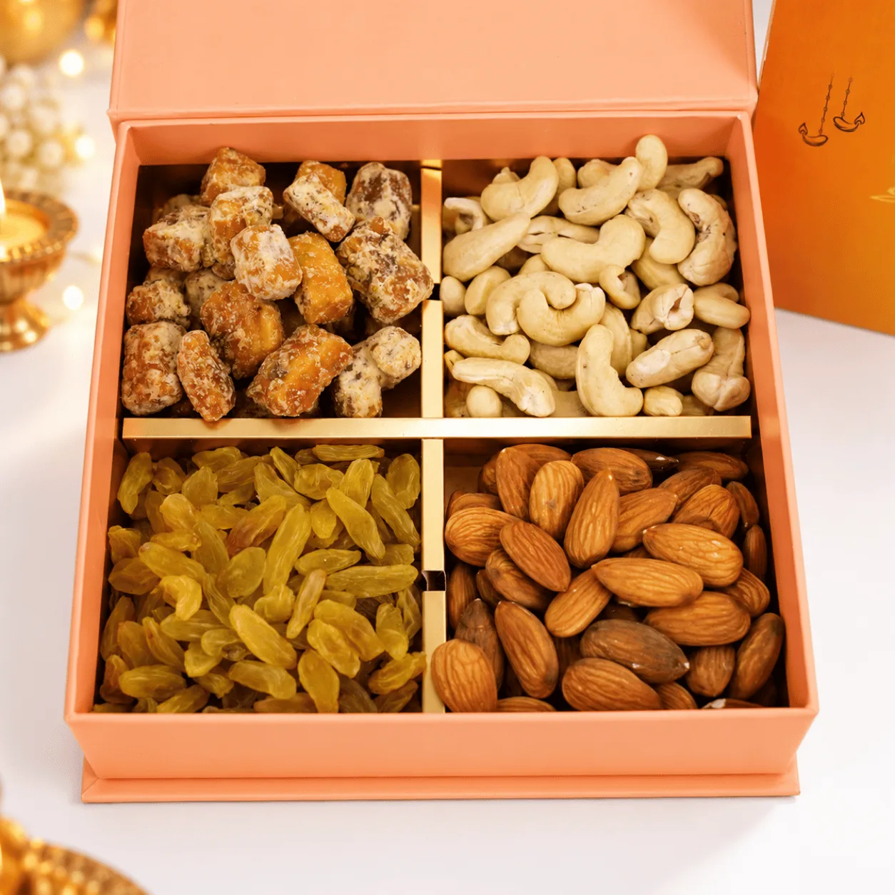 Close-up of Treasure Diwali Dry Fruits Gift Box showcasing premium dry fruits and luxurious festive gift box details.