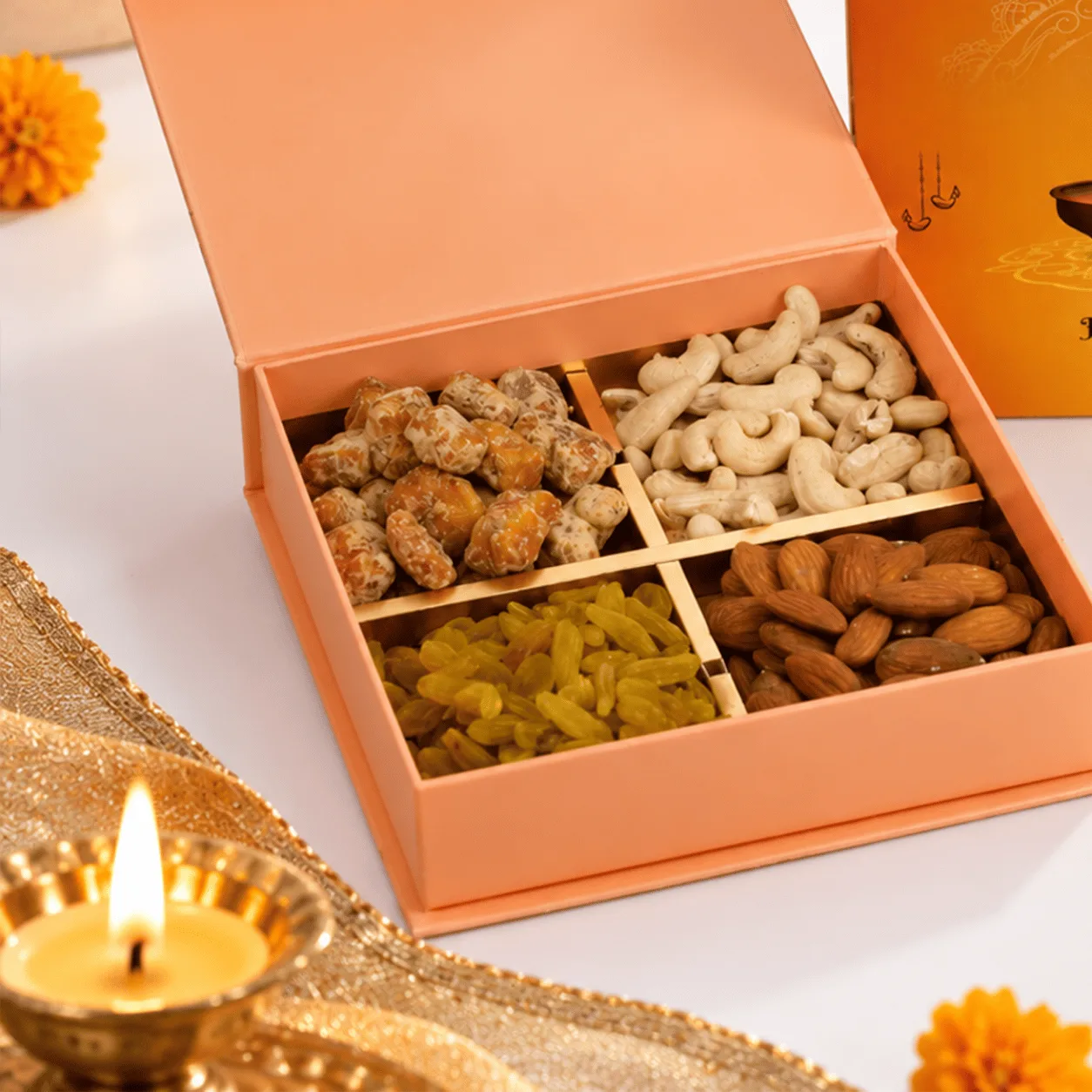 Side-angle view of Treasure Diwali Dry Fruits Gift Box highlighting its elegant packaging and premium Diwali gift presentation.