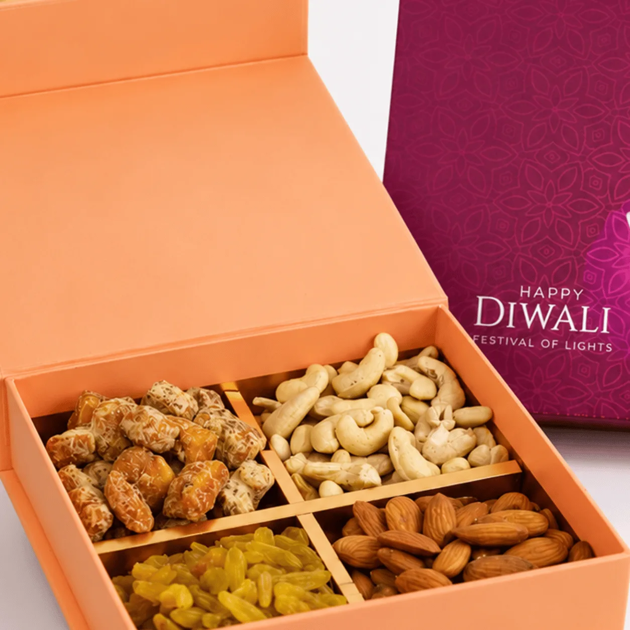 Detailed view of Treasure Diwali Dry Fruits Gift Box featuring beautifully arranged dry fruits in a luxurious festive gift box for Diwali celebrations in UAE