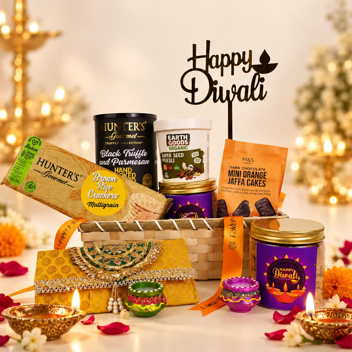 Luxury Diwali gourmet gift hamper with premium snacks, dry fruits, festive diyas, and wicker basket.