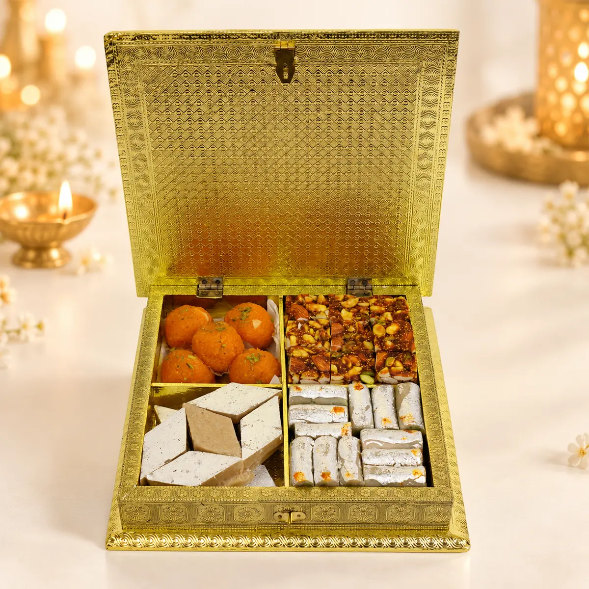 Premium golden Diwali sweets gift box featuring assorted traditional Indian mithai.