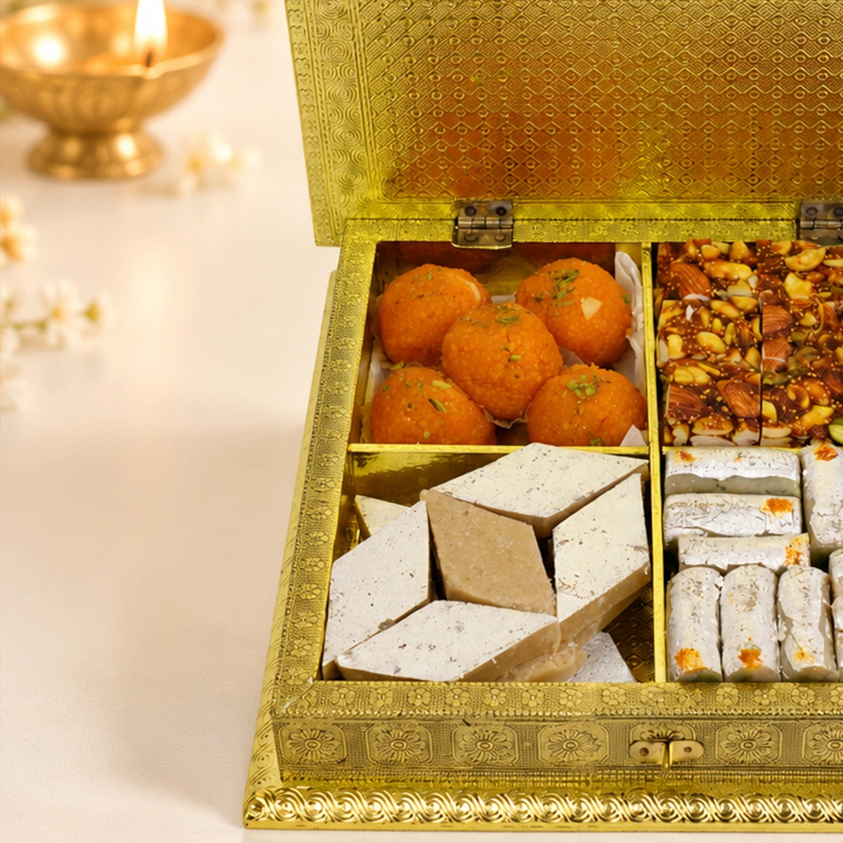Close-up of motichoor laddoos and kaju katli in an elegant golden Diwali gift box.