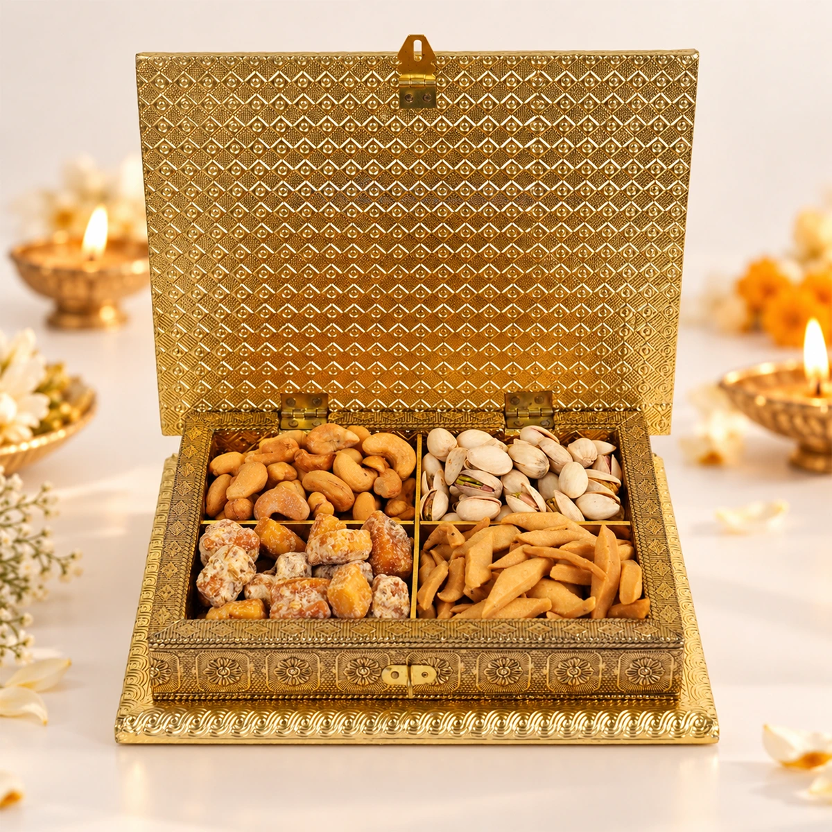 Luxury Diwali dry fruits gift box with cashews, pistachios, gurpara, and mathri in golden packaging.