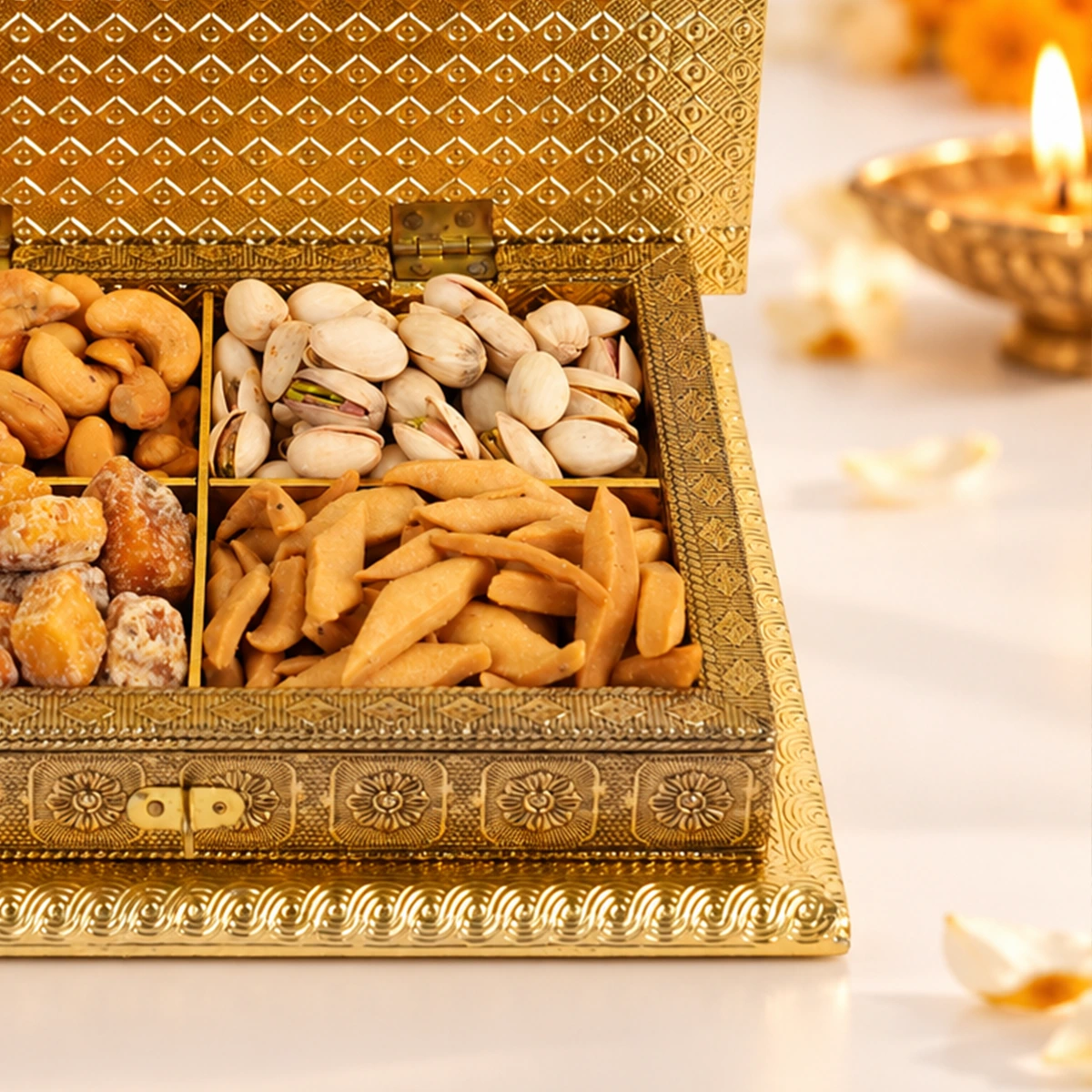 Close-up of premium pistachios and crispy mathri in an elegant golden Diwali gift box.