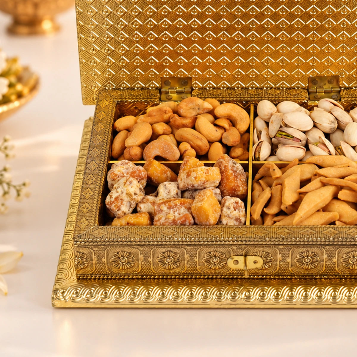 Close-up of luxury Diwali dry fruits gift box with roasted cashews, pistachios, gurpara, and mathri in golden packaging.
