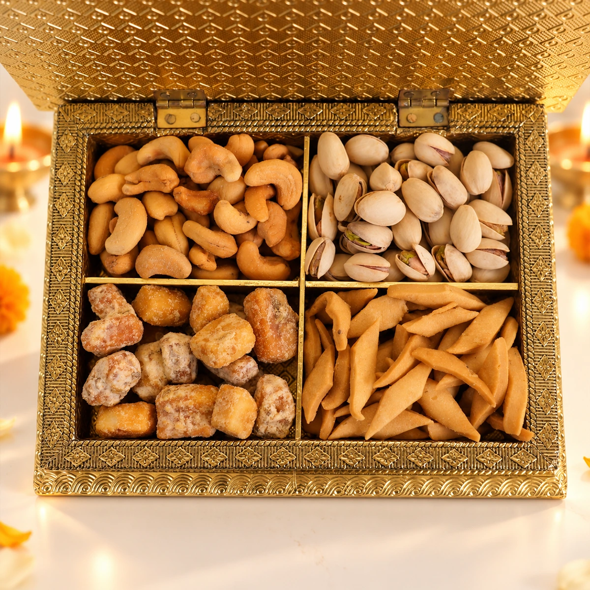Premium Diwali gift box featuring roasted cashews, traditional gurpara, and assorted festive snacks.