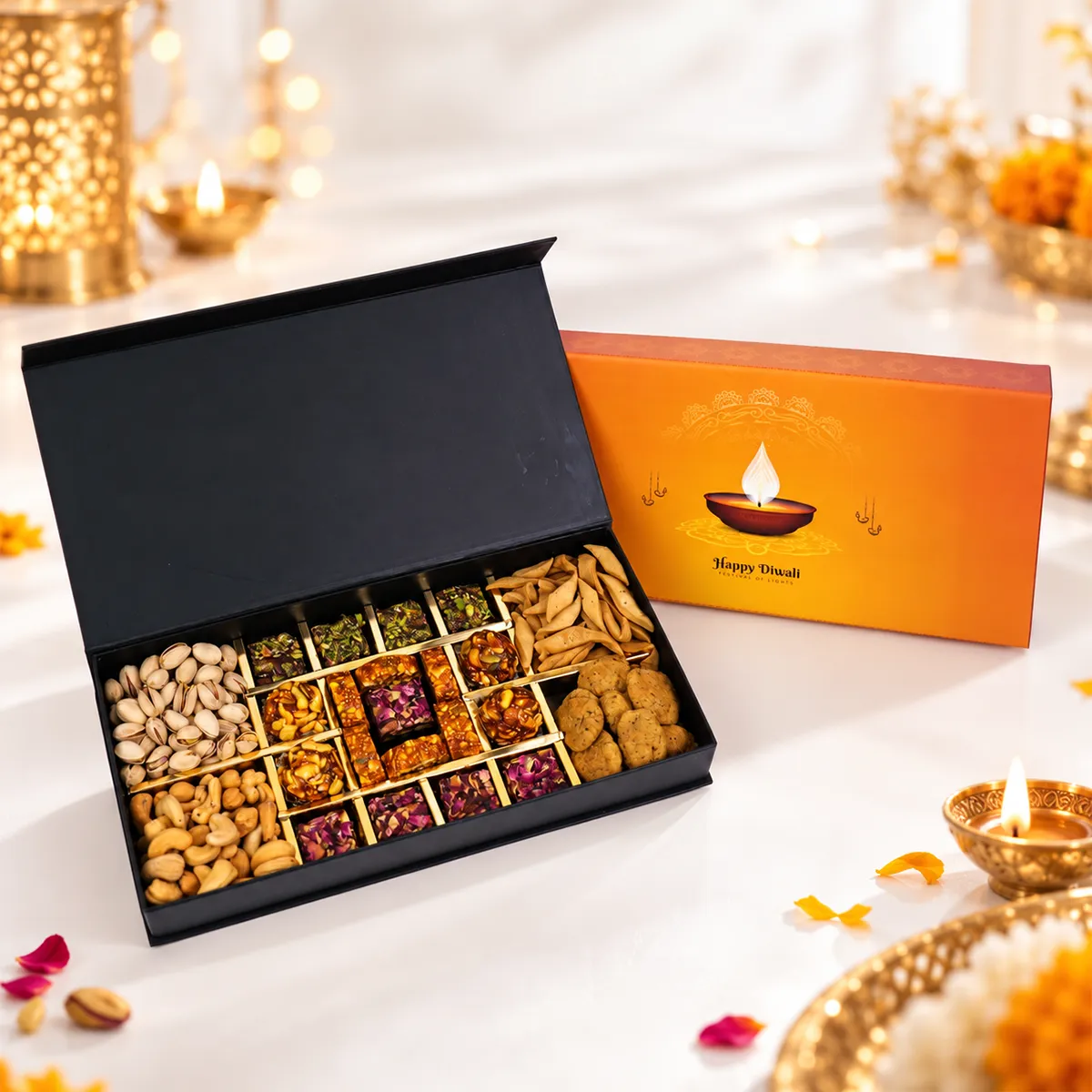 Luxury Diwali gift box with assorted dry fruits, sweets, savoury snacks, and festive orange packaging.