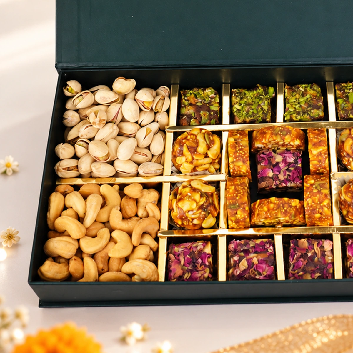 Close-up of Diwali gift box with pistachios, cashews, dry fruit chikki, and rose petal sweets.