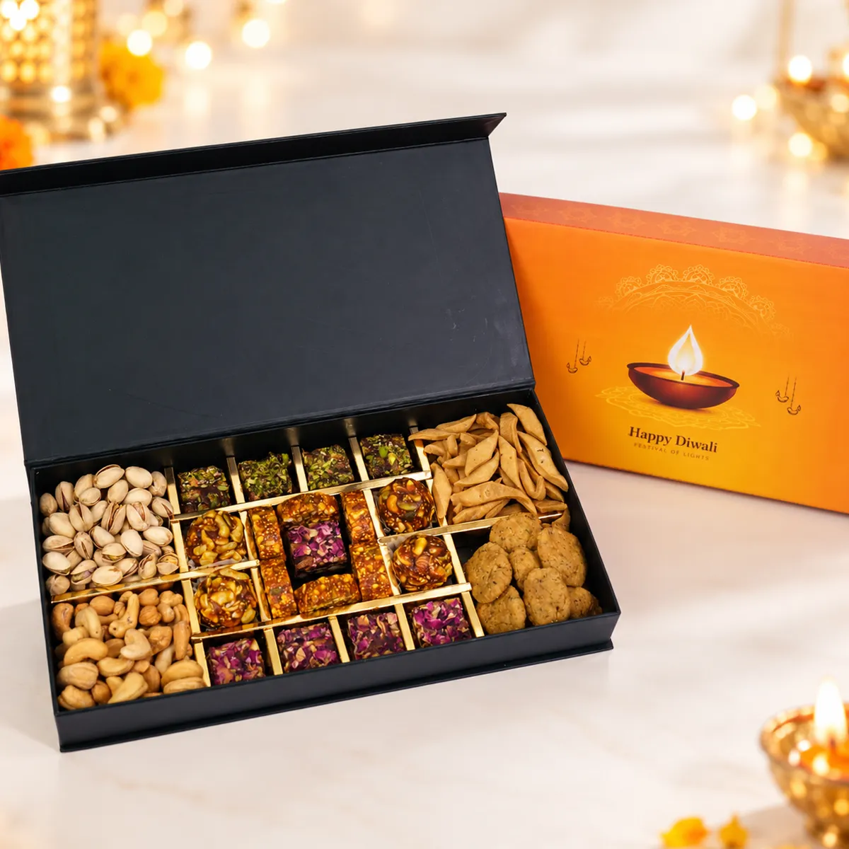 Luxury Diwali sweets and dry fruits gift box with assorted festive treats and orange packaging.