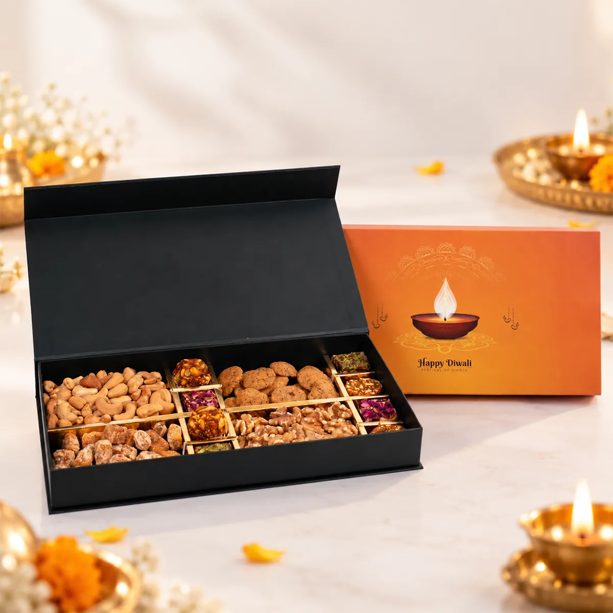 Close-up of Diwali hamper with assorted dry fruits, nutty sweets, and orange festive packaging.