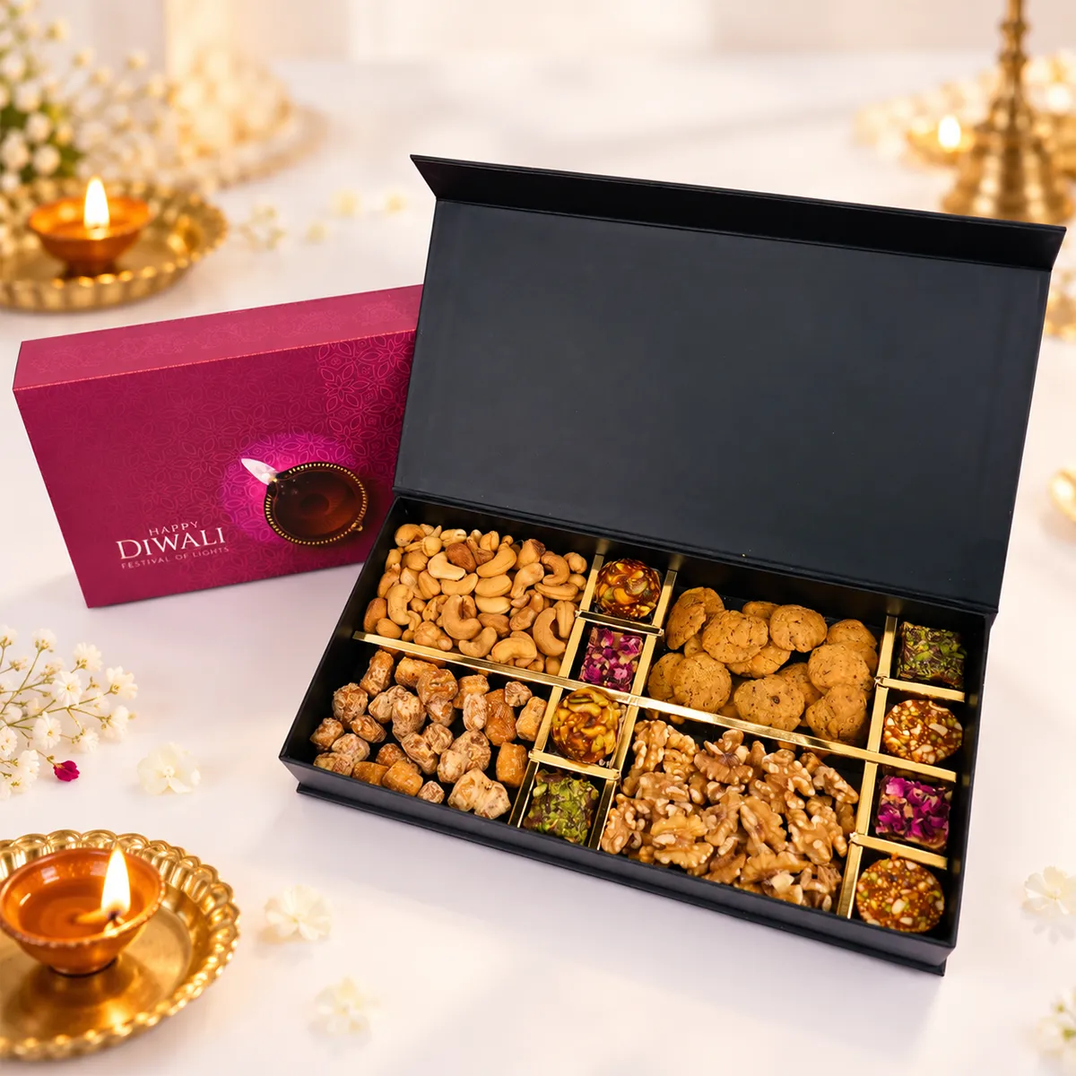 Luxury Diwali gift hamper with dry fruits, assorted nutty sweets, and purple festive packaging.