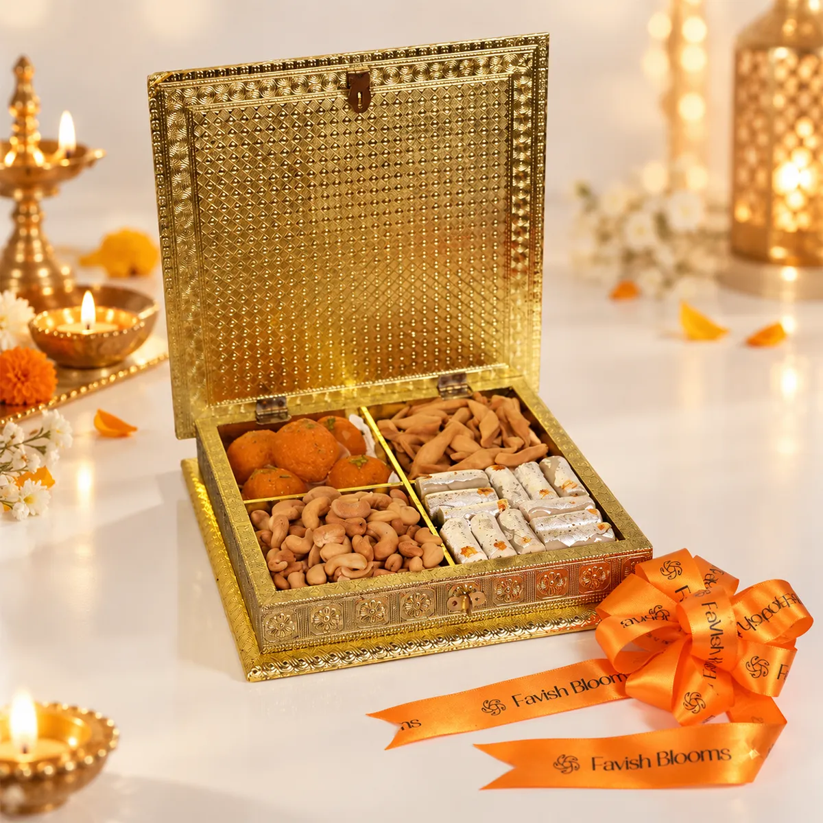 Luxury Diwali mithai gift box with motichoor laddoos, cashews, kaju rolls, and namak para.
