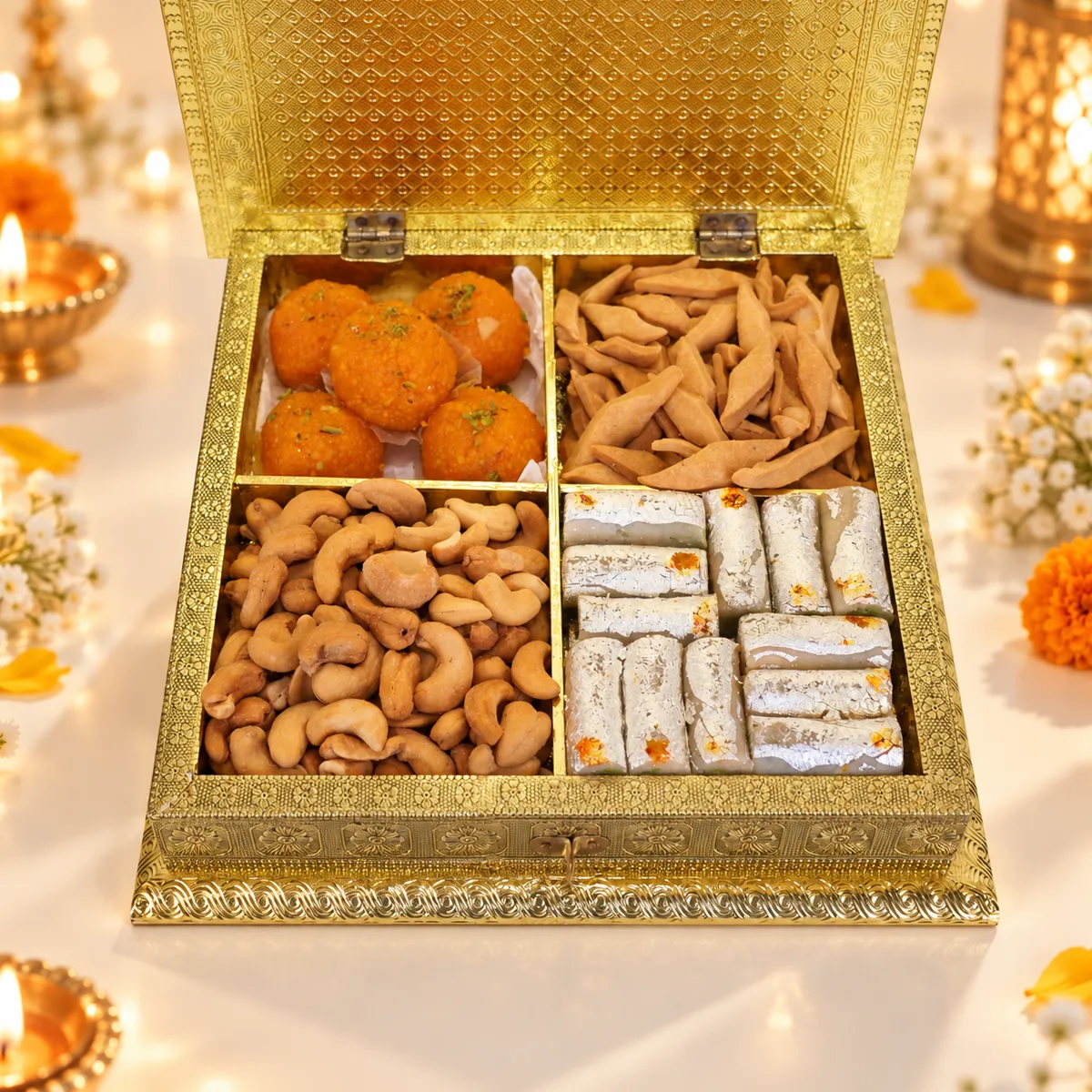Top view of golden Diwali gift box with motichoor laddoos, cashews, namak para, and silver-coated kaju rolls.